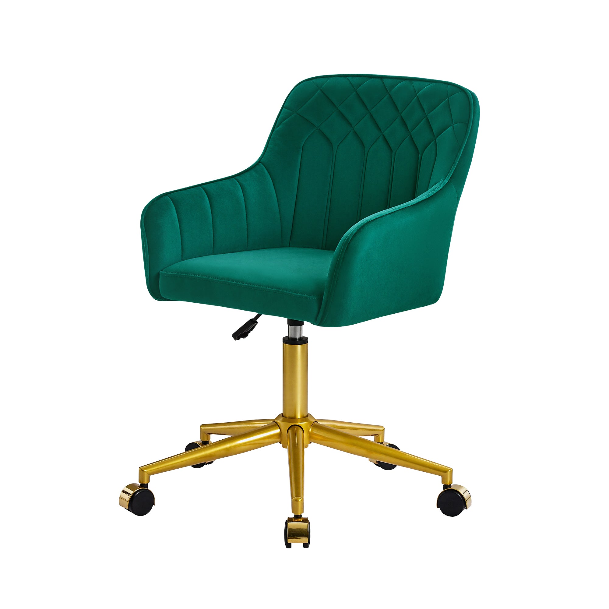 VECELO Modern Velvet Accent Chair, Upholstered Swivel Desk Chair with Gold Base, Adjustable Height Vanity Chair with Wheels for Study, Living Room, Bedroom, Green
