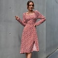thumbnail image 4 of Women Long Sleeve Square Neck Floral Print Empire Waist Split Midi Long Dress, 4 of 13