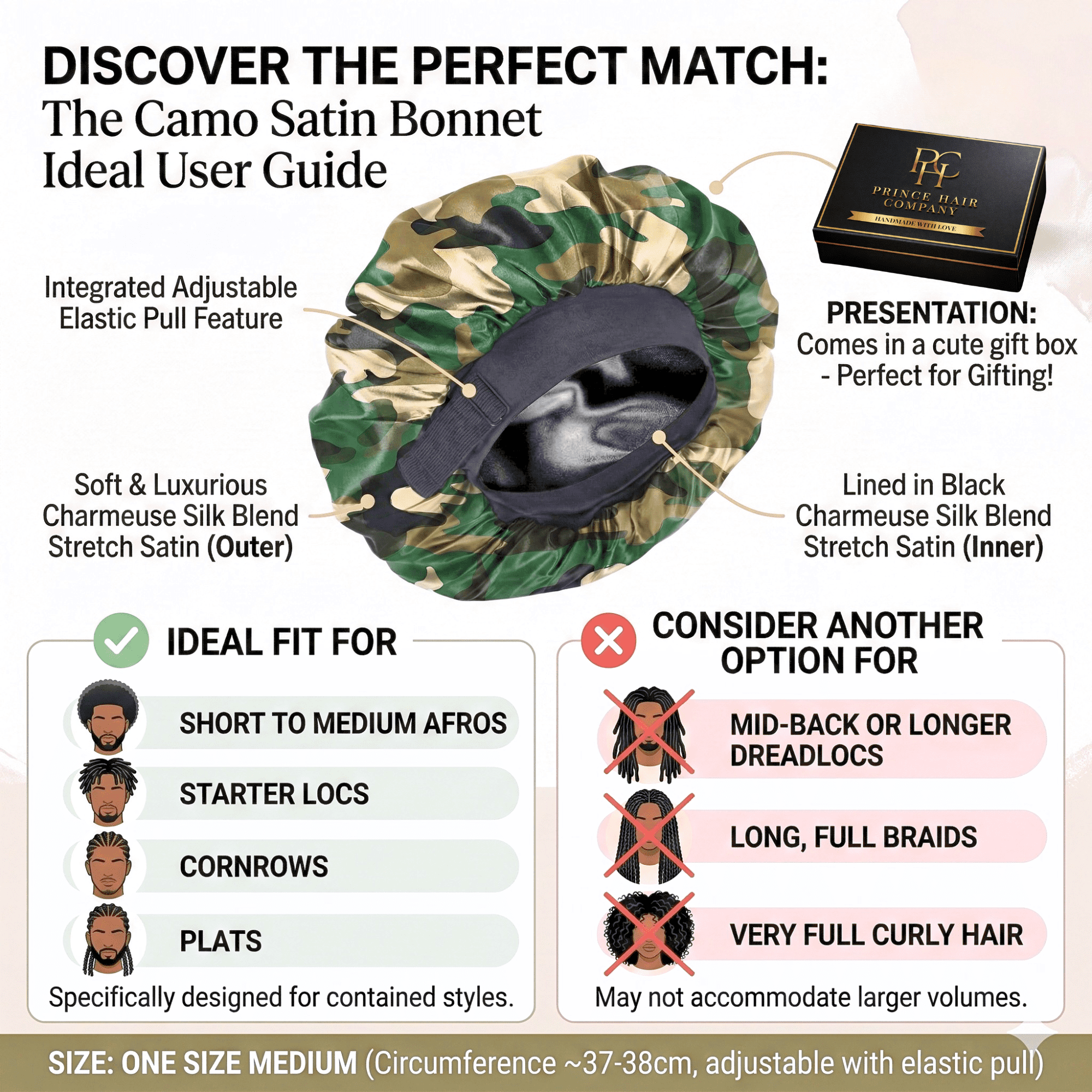 Men’s Satin Bonnet with Adjustable Tie, Silk Infused Sleep Cap for Waves, Braids, Locs, Camouflage