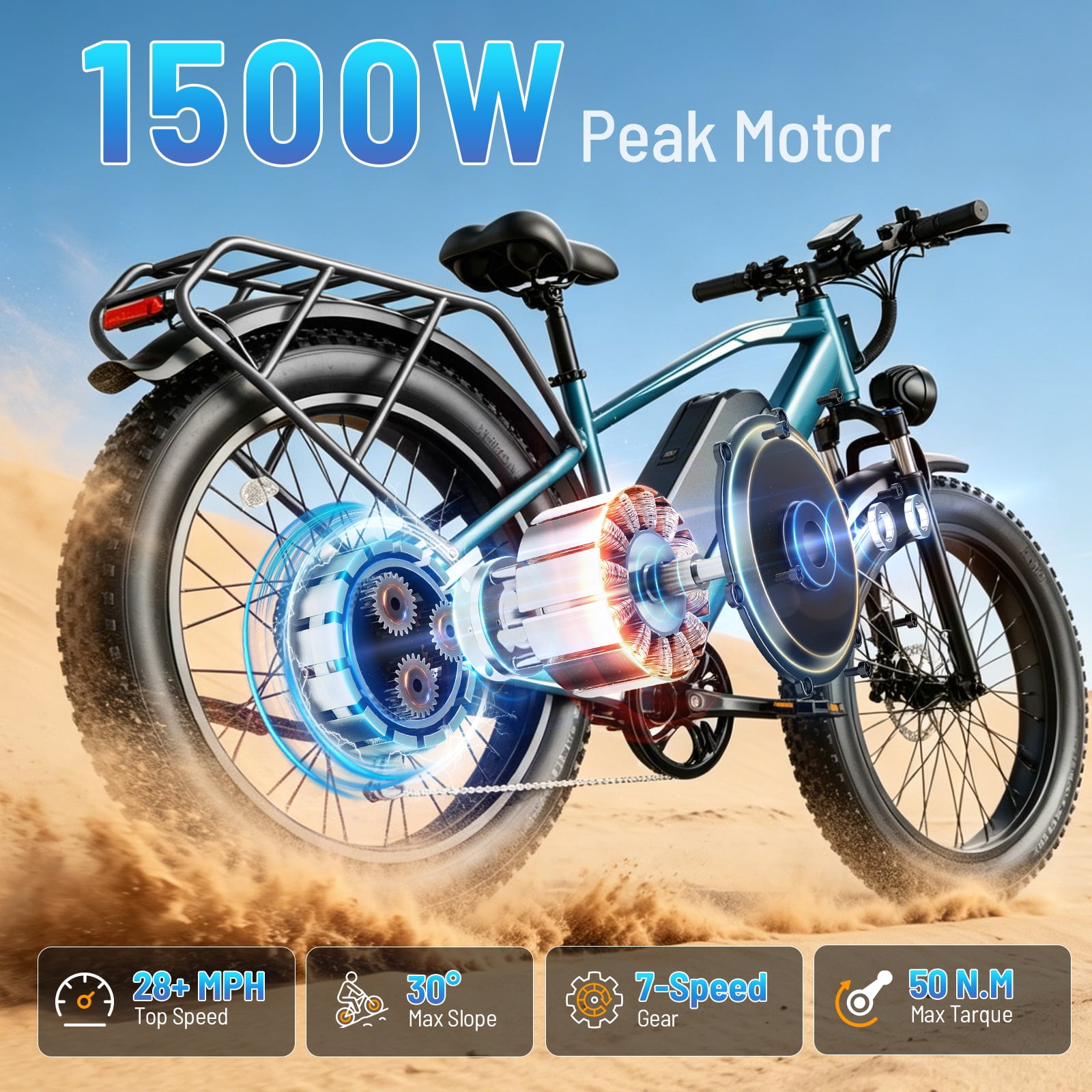 YareYi 2000W Peak Electric Bike for Adults 26", 28MPH Fat Tire Ebike, 48V 15Ah Removable Battery, Rear Rack UL2849
