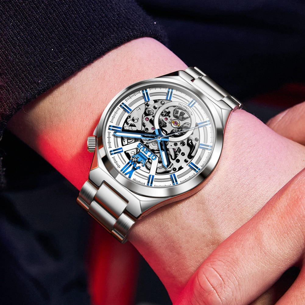 OLEVS Skeleton Watches for Men Luxury Dress Automatic Self Winding Mechanical Gold Plated Stainless Steel Waterproof Luminous Business Men Wrist Watch Reloj Para Hombre