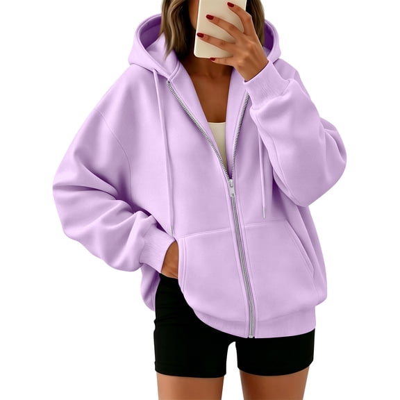 longantii Zip Up Hoodie For Women 2026 Y2k Lightweight Jacket wih Pockets | Women Casual Hoodies Lightweight Fall Winter Jackets Long Sleeve Full Zip Sweatshirt with Hood Purple M