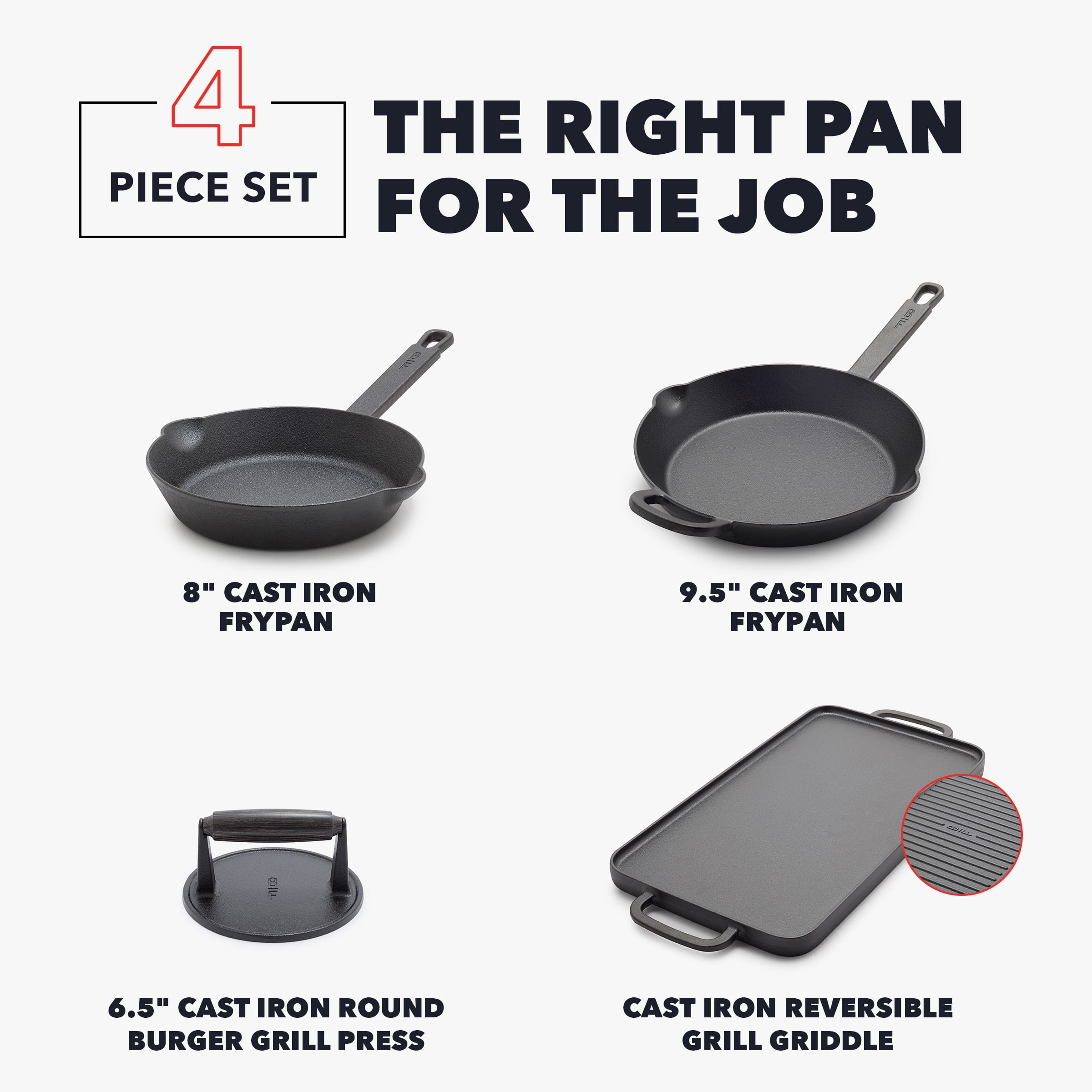 Bobby Flay by GreenPan – 4-Piece Pre-Seasoned Cast Iron Skillet Cookware Set, Black