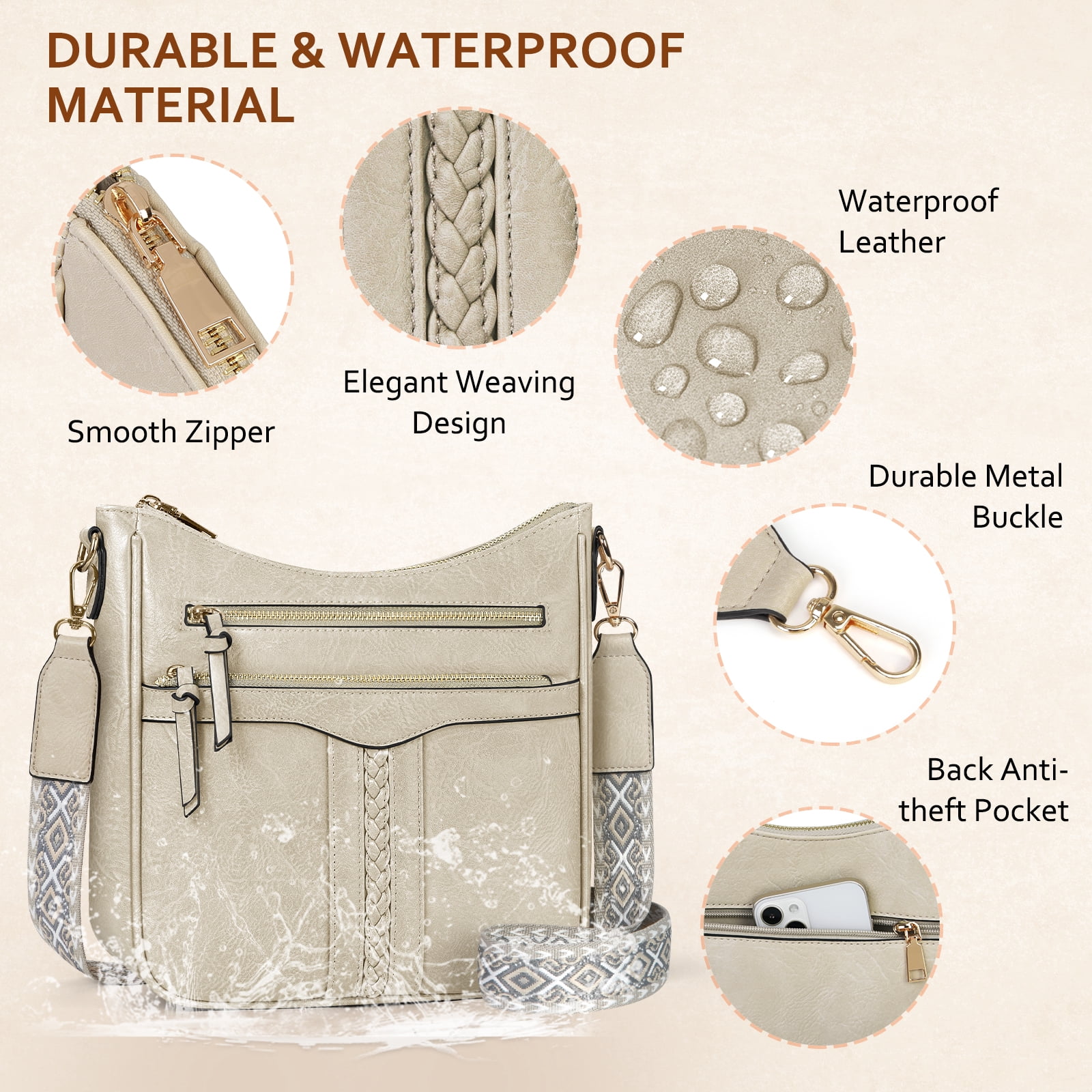 RAINSMORE Crossbody Bags for Women Leather Shoulder Handbags Trendy Crossbody Purses Soft Lightweight Travel Purse,Beige