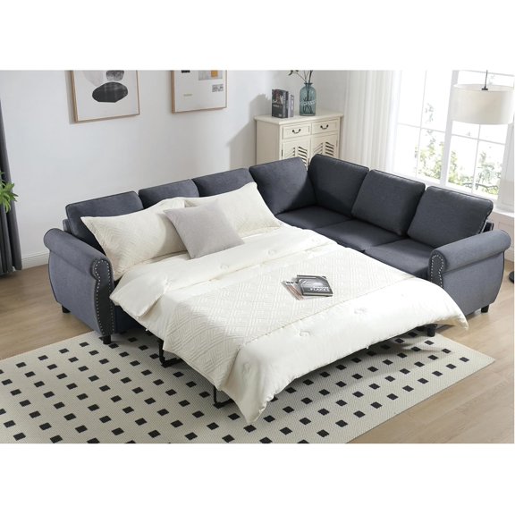 104'' Pull Out Couch, Convertible Sleeper Sofa Bed Queen, Upholstered Sectional Sofa with Mattress, 6-Seater L-Shaped Couch, Modern Sectional Couches for Living Room, Apartment, Studio,Grey
