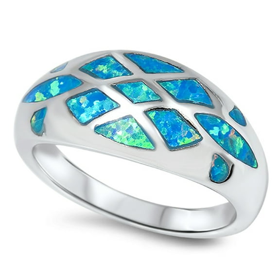 Checkered Blue Simulated Opal Ring .925 Sterling Silver Band Cubic Zirconia Jewelry Female Size 8