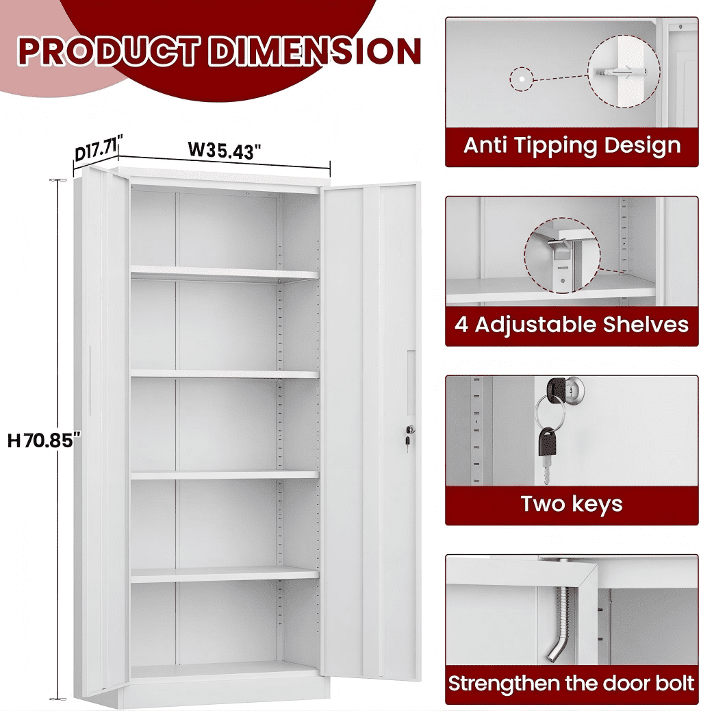 IKIMI 71" Metal Storage Cabinet with 4 Adjustable Shelves and Lock, Heavy Duty Steel Garage Tool Cabinet for Office, Home, Kitchen, White(H71"*W32"*D16")