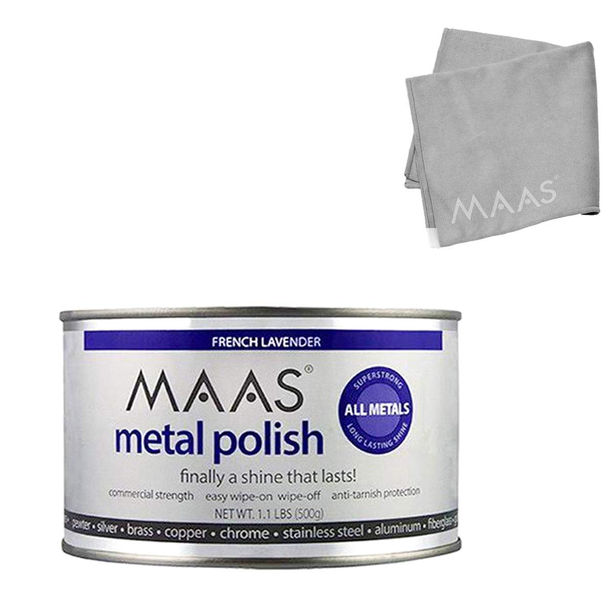 MAAS Metal Polish 1.1lb Can with Microfiber Cloth, Universal Metal Cleaner; Clean, Polish, and Protect Silver, Gold, Brass, Copper, Stainless Steel, and More