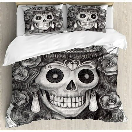 Black And White Skull Bedding Ambesonne Day of the Dead Artwork Hand Drawing Folk Skull with Flowers Crown Ornaments Duvet Cover Set ()