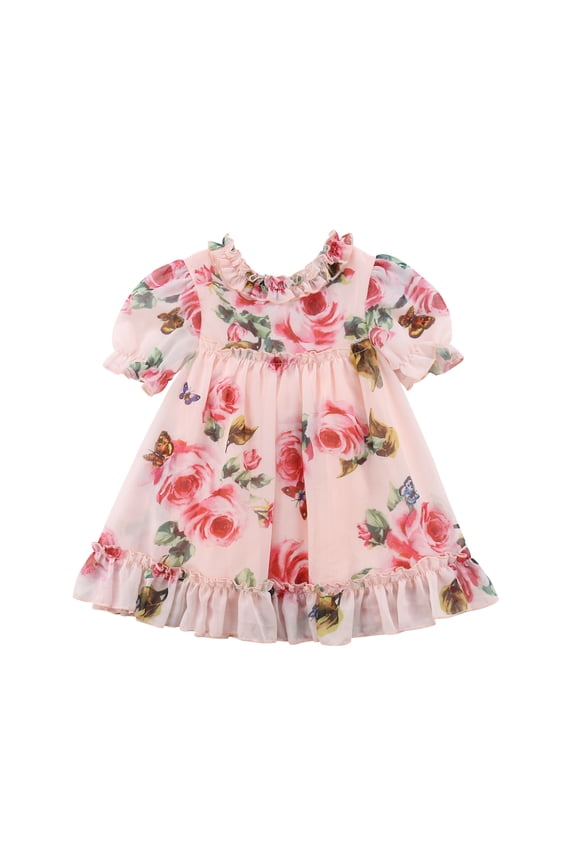 Little Girls Summer Dress, Floral Patterns Ruffle Round Neck Short Sleeve Dress