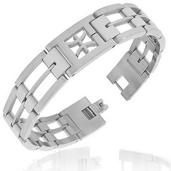 Stainless Steel Silver-Tone Link Chain Zodiac Sign Pisces Mens Bracelet with Clasp