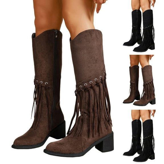 Dakaela Women's Fringe Cowgirl Boots Tassel Western Cowboy Knee High Boot Suede Wide Calf Pull on Country Concert Outfits Black 6.5
