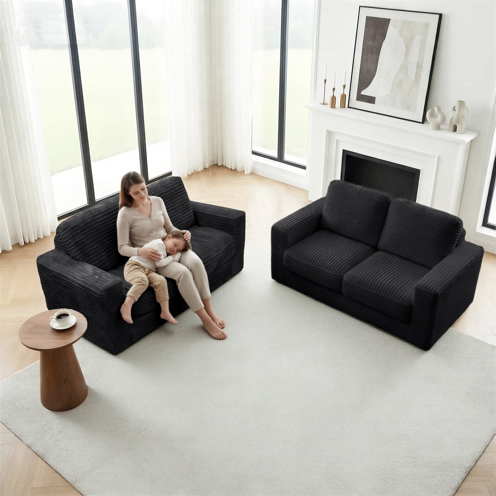 Kelyda 61''Boneless Loveseat Sofa, Modern Cloud Convertible Sofa Bed Couch Sleeper Chairs for Living Room Black