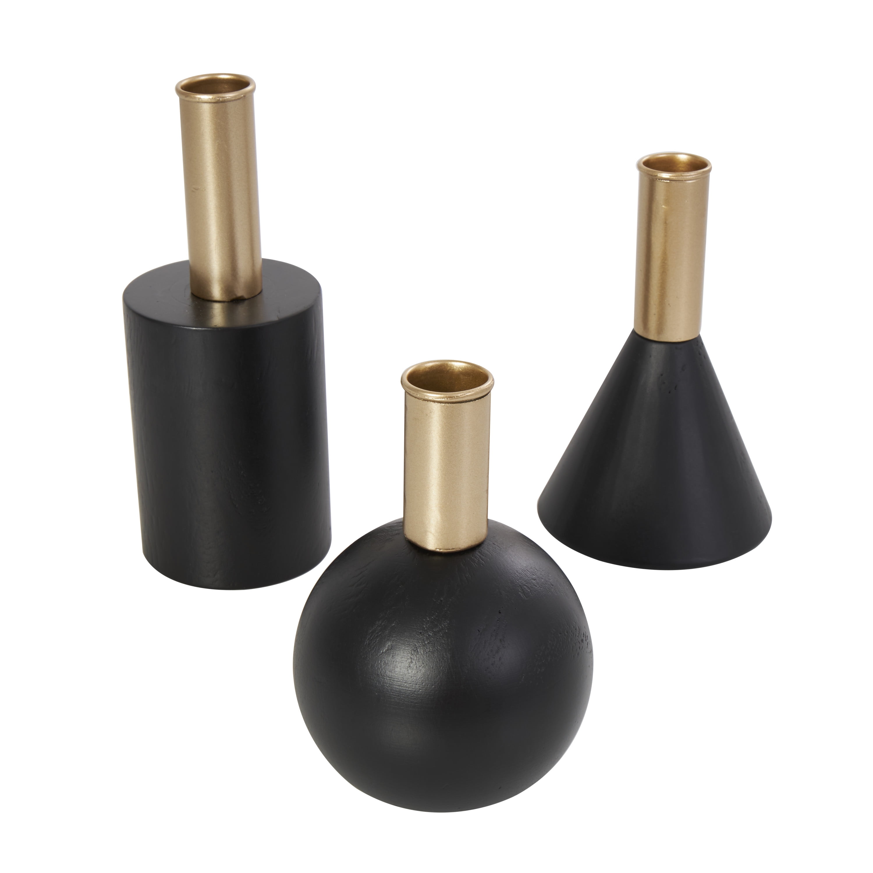 DecMode 3 Candle Black Wood Geometric Candle Holder with Varying Shapes and Gold Accents, Set of 3