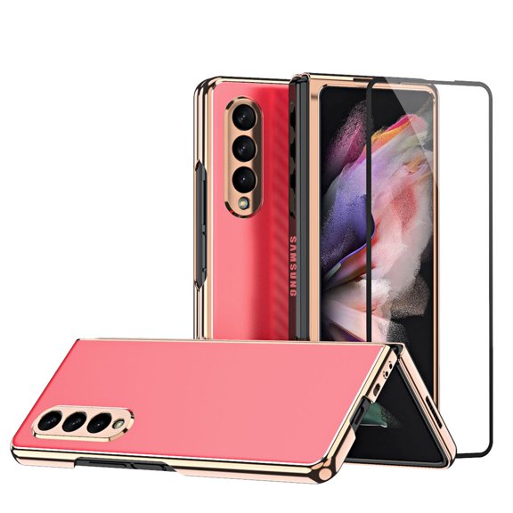 K-Lion for Samsung Galaxy Z Fold 3 7.6 Inch Case with High-Strength Phone Film, Luxury Hardware Back Plated Hard PC Frame Hinge Protection Wireless Charging Case for Samsung Galaxy Z Fold 3,Red