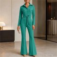 thumbnail image 5 of Gamivast Button Down Jumpsuit for Women Long Sleeve Collared Neck Belted Waist Flare Leg one Piece Outfit with Chest Pockets for Office Work Business Party and Dressy Evening Wear Green L, 5 of 6