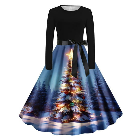 Mifsaly Merry Christmas Dresses for Women Xmas Tree Long Sleeve Crewneck Tunic Elegant Cocktail Dress Christmas Party Vintage Evening Gowns 2025 Holiday Festival Wedding Guest Outfits