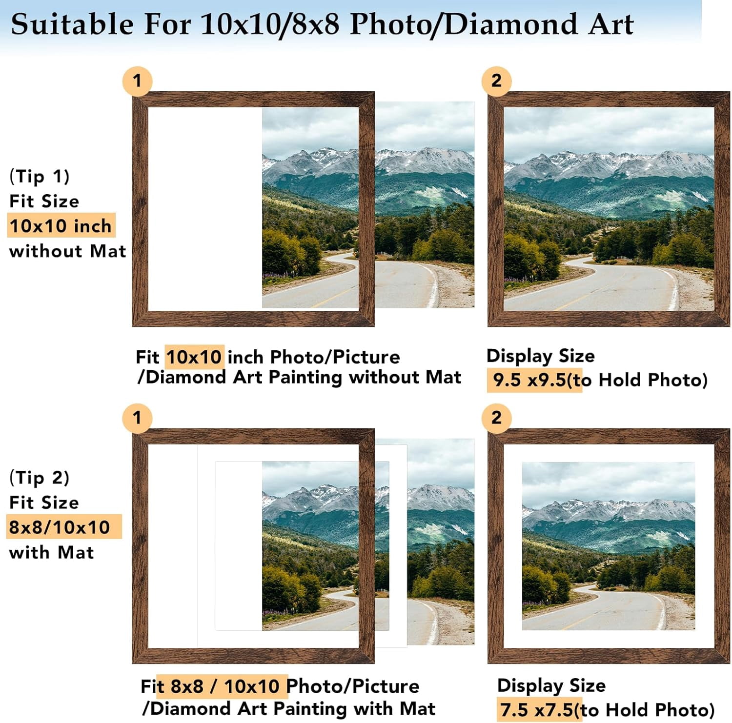 Wood 10x10 Picture Frame with 8x8 Mat Deep Brown, Display 8x8 with Mat or 10x10 Without Mat, Wood 10 by 10 Photo Frame, 10 x 10 Frame for Wall Hanging Display, Deep Brown
