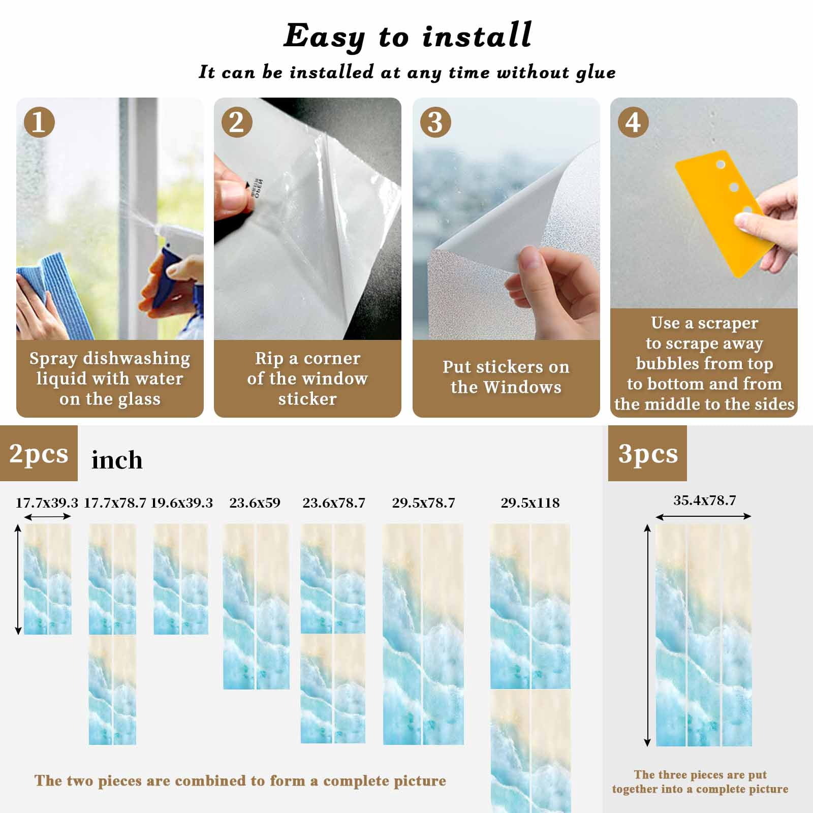 Ocean Beach Window Privacy Film, Gradient Blue Ocean Waves Beige Beach Frosted Glass Window Clings Static Cling UV Heat Blocking Reusable Door Sticker for Bathroom 29.5 x 118 Inch
