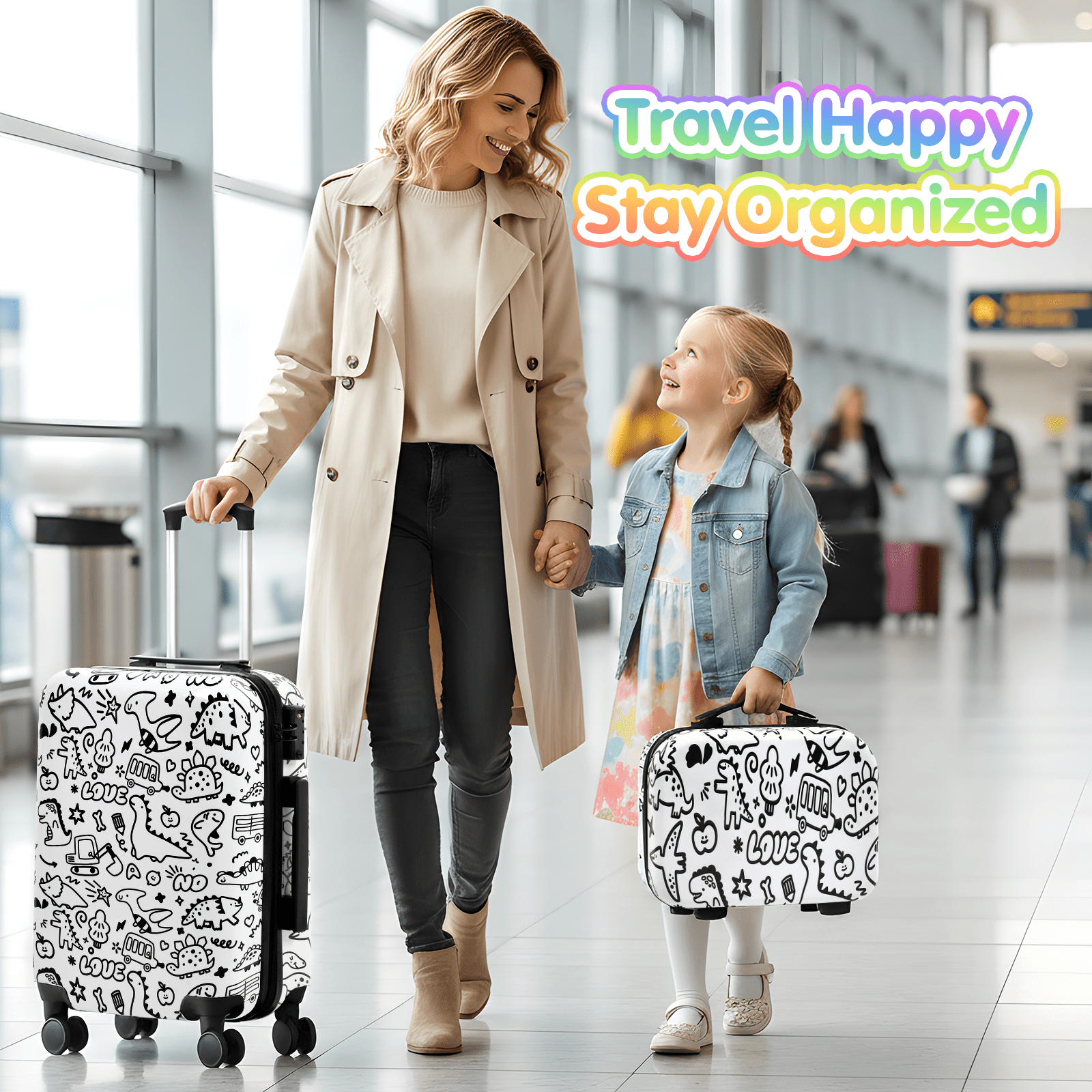 Advwin Kids Carry-On Luggage Set, 14" + 20" Set of 2 Travel Suitcase with DIY Coloring Design, TSA Lock & Spinner Wheels, Lightweight Hardshell Rolling Carry On Suitcase for Children