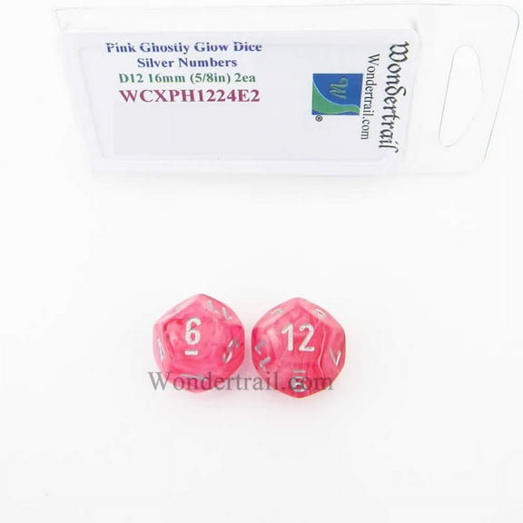 Pink Ghostly Glow Dice with Silver Numbers D12 16mm (5/8in) Pack of 2 Wondertrail