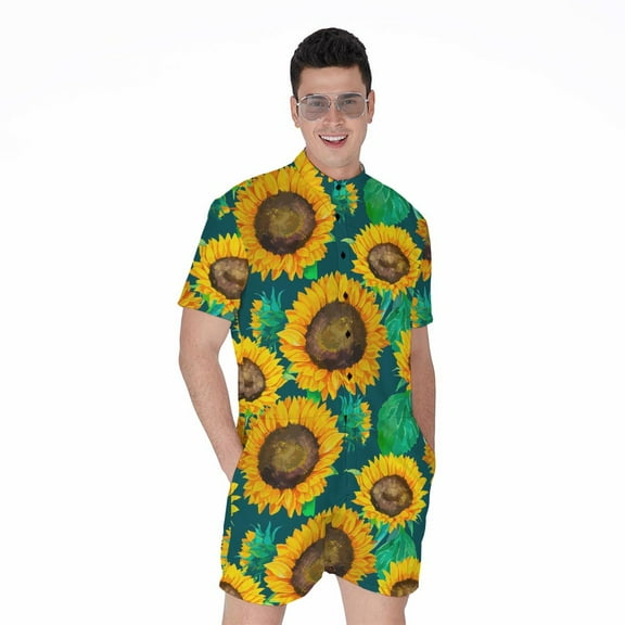 Green Watercolor Sunflower Pattern Short Sleeve Men'S Rompers Casual Summer Jumpsuits Outfit
