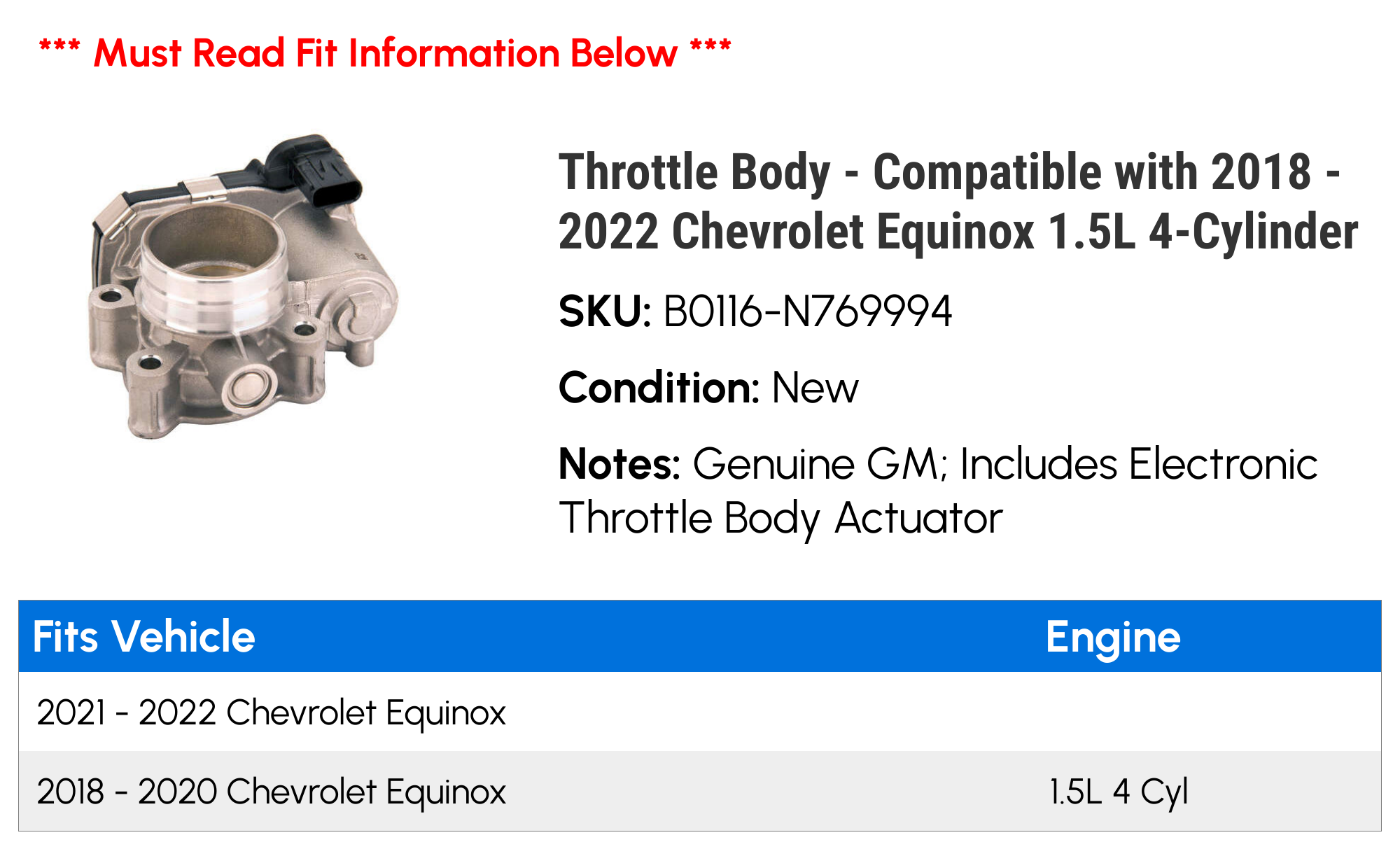 Throttle Body - Compatible with 2018 - 2022 Chevy Equinox 1.5L 4-Cylinder 2019 2020 2021