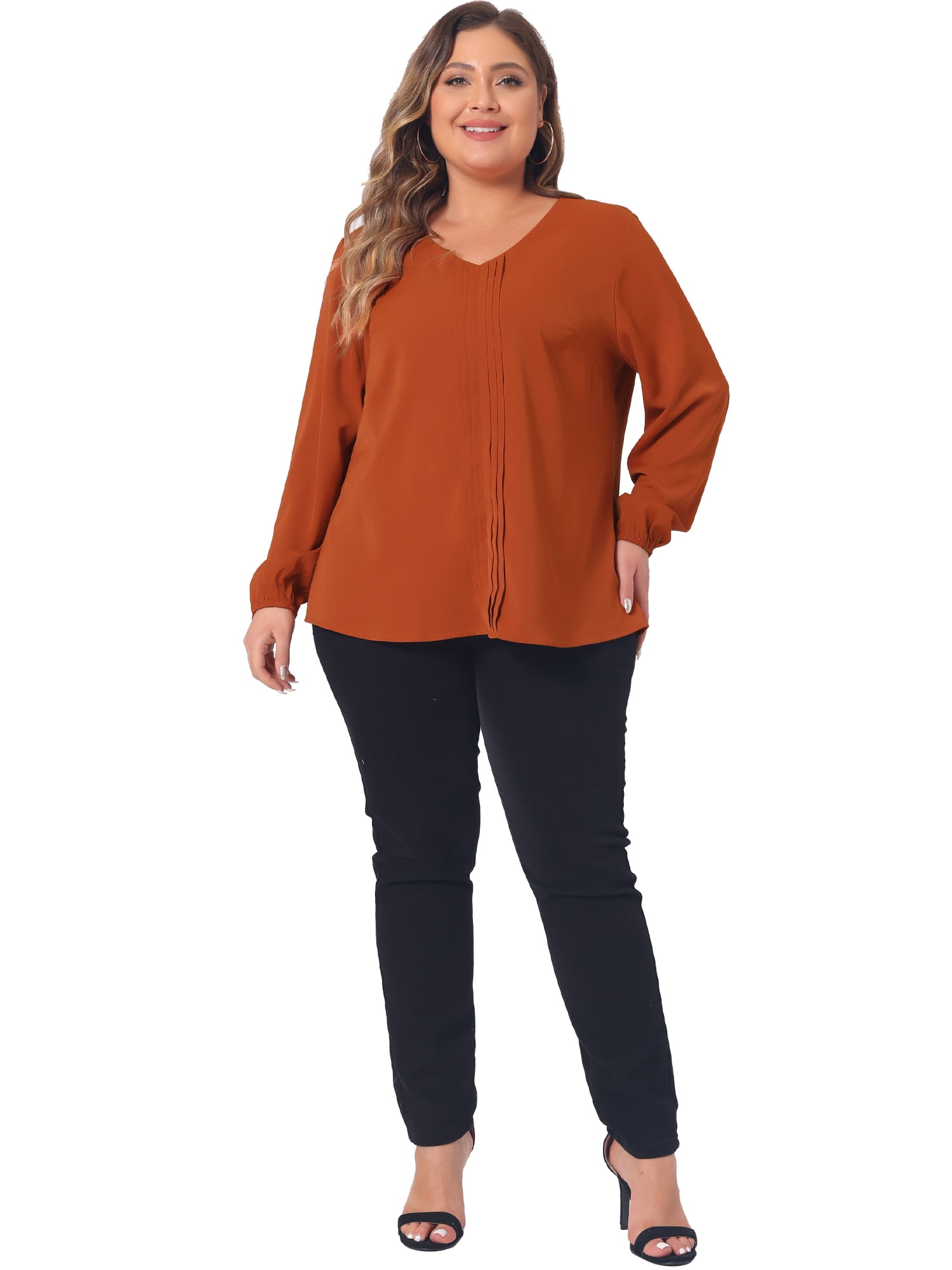 Unique Bargains Women's Plus Size Long Sleeve V Neck Chiffon Pleated Front Tops 3X Caramel