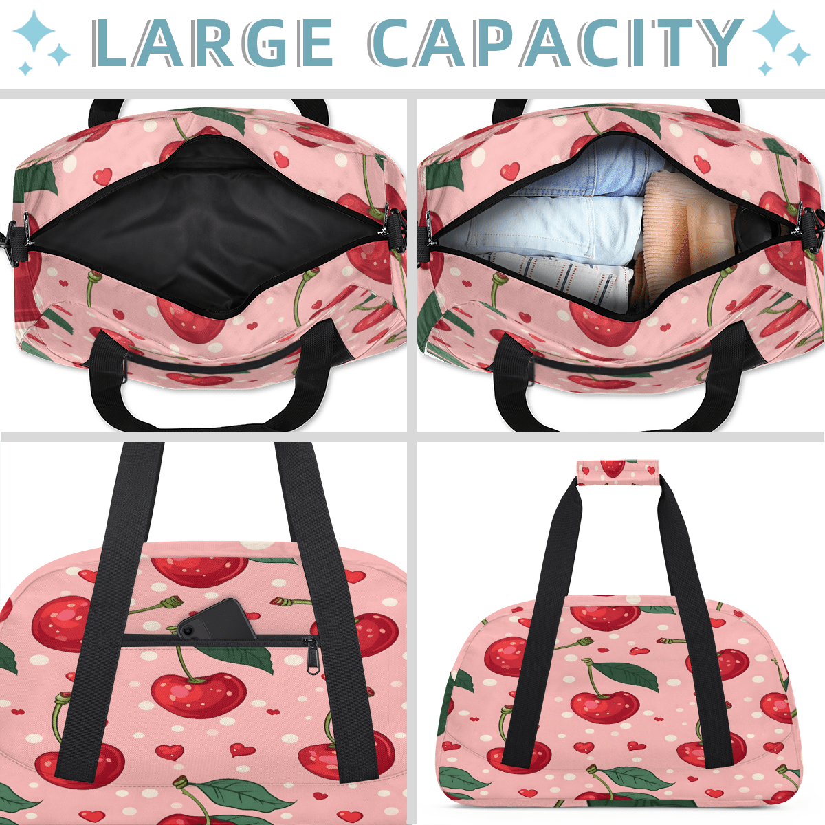 Herdesigns Sports Duffle Bags Travel Duffle Bag Gym Bag Cherry Weekender Travel Bag Waterproof Overnight Bag Carry On Travel Tote Bag Dance Bags