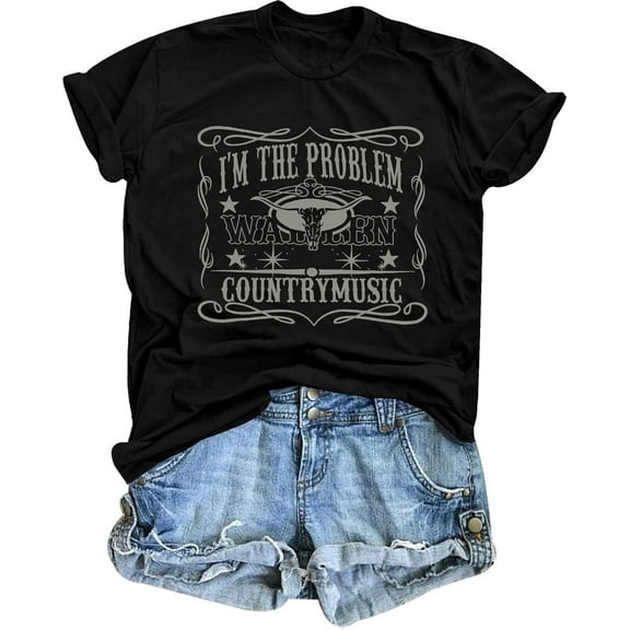I'm The Problem T-Shirt Retro Steer Skull Western Shirts Country Music Tees Cowgirl Graphic Cowboy Tops,short sleeve casual shirts for women,womens short sleeve shirts casual