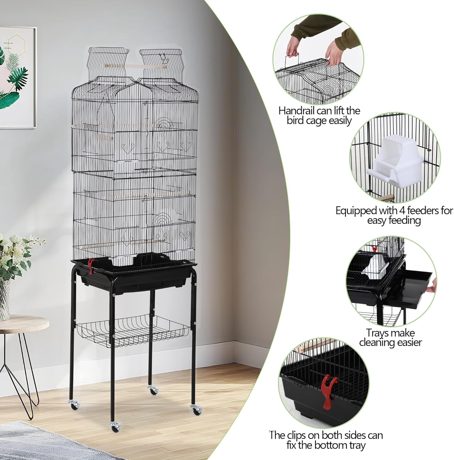 CL.HPAHKL Large Bird Cage, 64 inch Parakeet Cage with Open Play Top & Rolling Stand, Wrought Iron Birdcage for Parrot Cockatiel Cockatoo Lovebird, Black