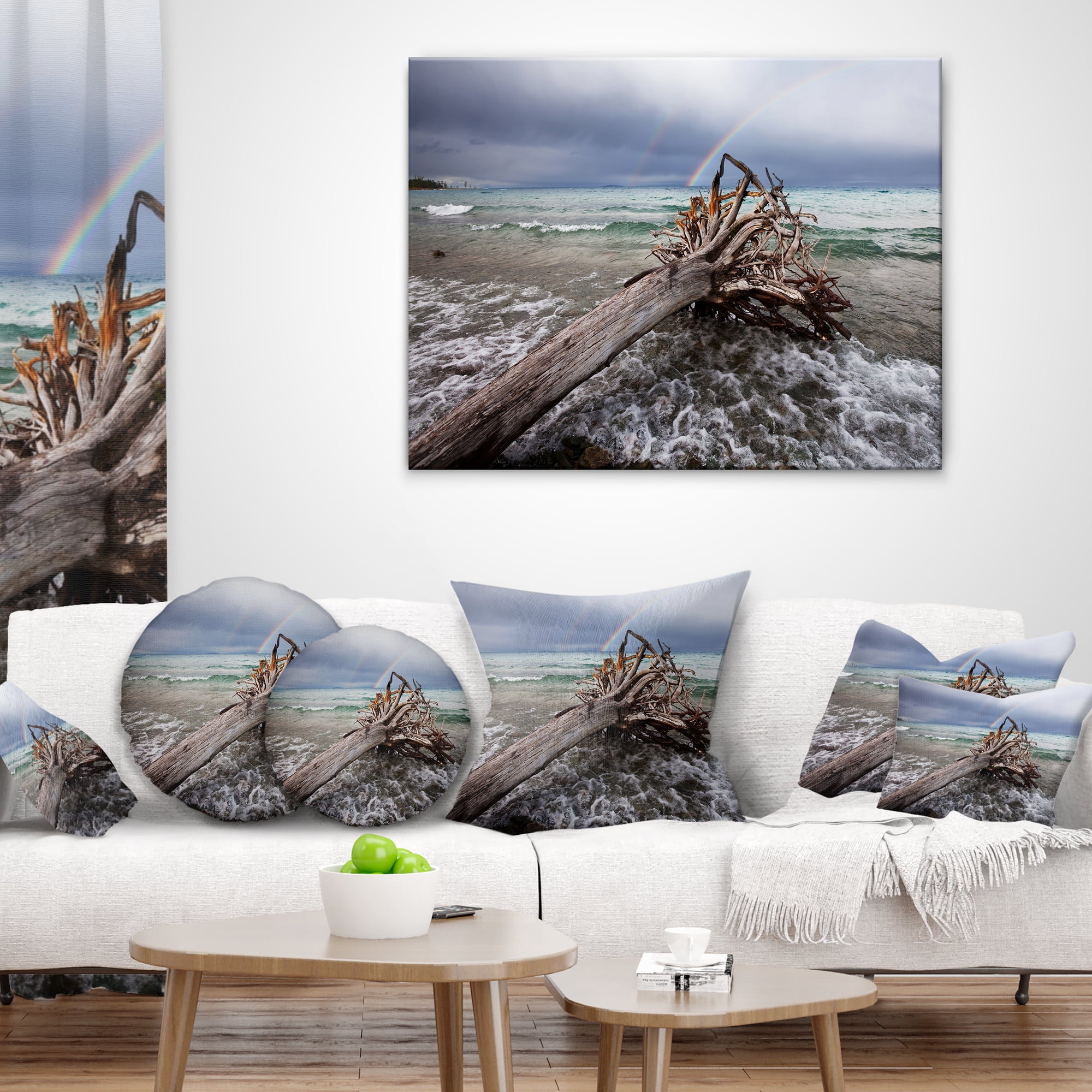 Designart Fallen Tree in Storm At Seashore - Seascape Throw Pillow - 18x18