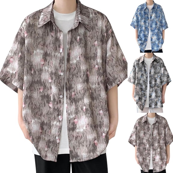 RYDCOT Men Tie-Dye Short-Sleeved Shirt Large Size Print Handsome Lapel Shirts Loose Casual Buttons Down Khaki