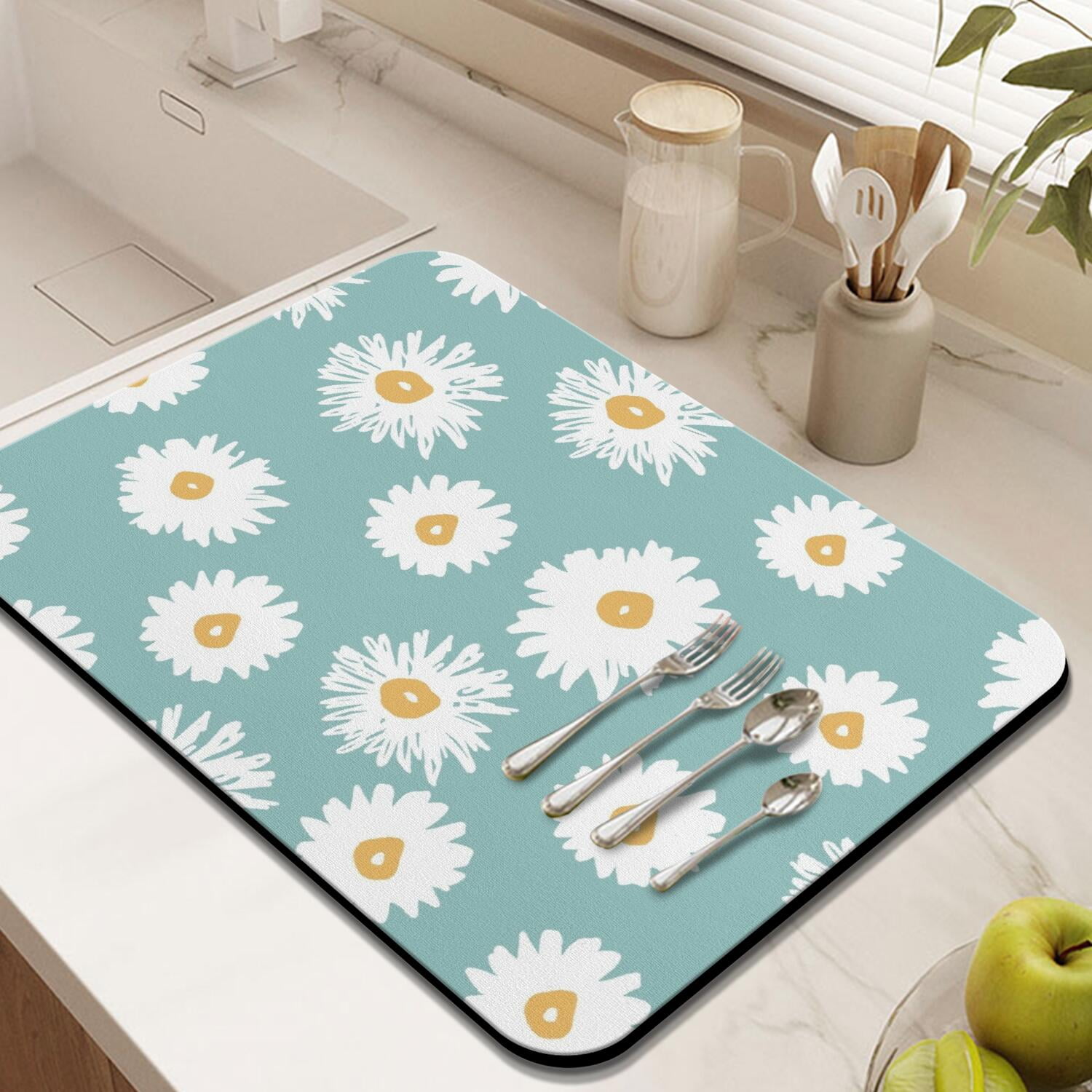 2 Pack Washable Rubber Daisy Cute Floral Dish Drying Mats for Kitchen Counter Home Large Coffee Bar Pad Accessories and Decor for Utensils Stemware (2pcs 18''x24''+19.5''x12'')