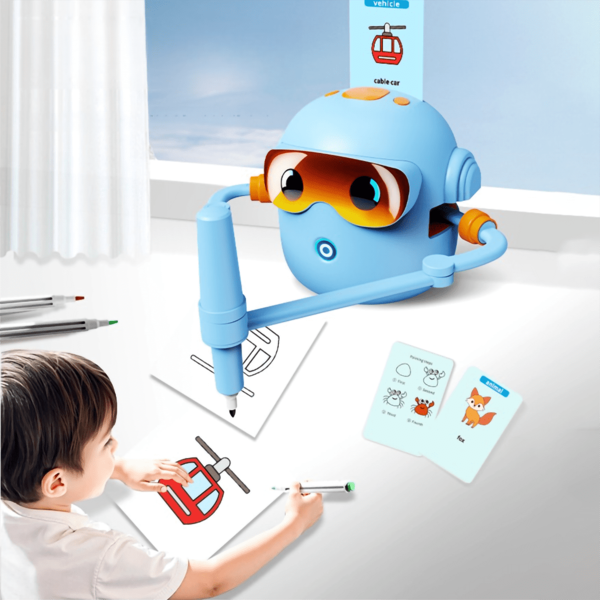 Drawing Robot for Kids, Learning Educational Robot Toys with Voice Interaction, Includes 100 Word Cards, Learning Activities Toy Christmas Birthday Gift for Kids, Blue