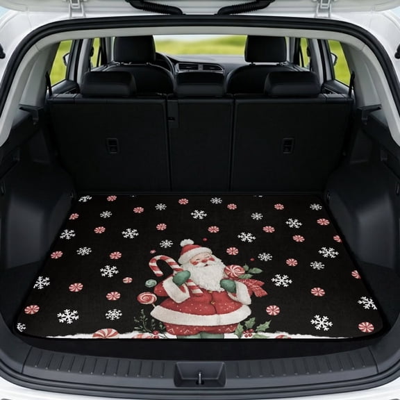 Binienty Christmas Santa Print Universal Fit Car Trunk Mat, Anti-Slip Backing Rear Cargo Liner, Cute Snowflake Peppermint Pattern Vehicle Interior Accessory for Most Sedan SUV