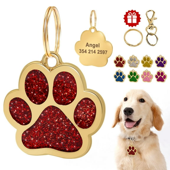 Pet Artist Cute Personalized Dog Cat ID Tag Glitter Paw Print Pet Collar Disc Name Engraved