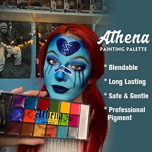 Athena Face Body Painting Kit - 20 Color Large Deep Pan Paint, 24 Stencils, 2pcs Brushes, Professional Oil Based SFX Makeup Palette for Art, Theater, Halloween, Parties and Cosplay