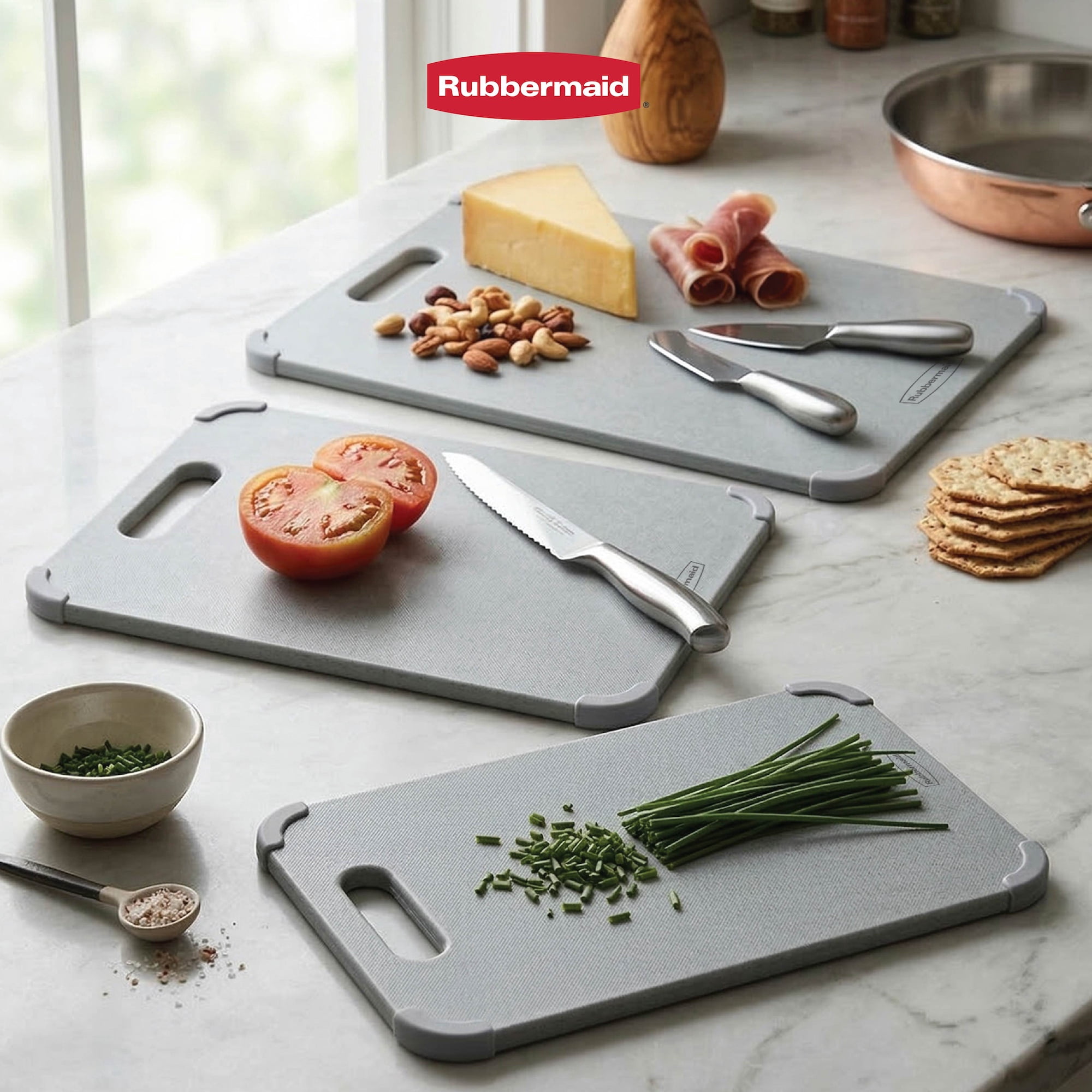 Rubbermaid 3-Piece Wheat Fiber Cutting Board Set with Non-Skid Corners, Light Gray
