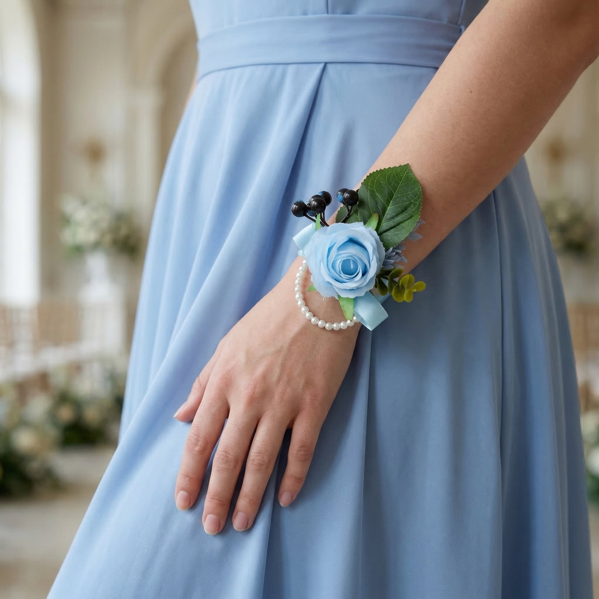 Unique Bargains 4Pcs Wrist Corsages Silk Rose Flower Bracelets Blue Pink 3.9 in