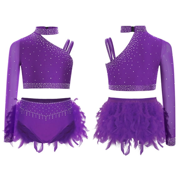 Lejafay Girls Glittery Rhinestones Dance Outfits One Shoulder Mock Neck Crop Top with Feather Briefs Dancewear Purple 6