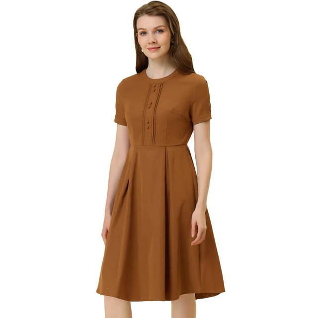 INSPIRE CHIC Robe Vintage Plissée à Manches Courtes à Col Rond pour Femme Brun TG