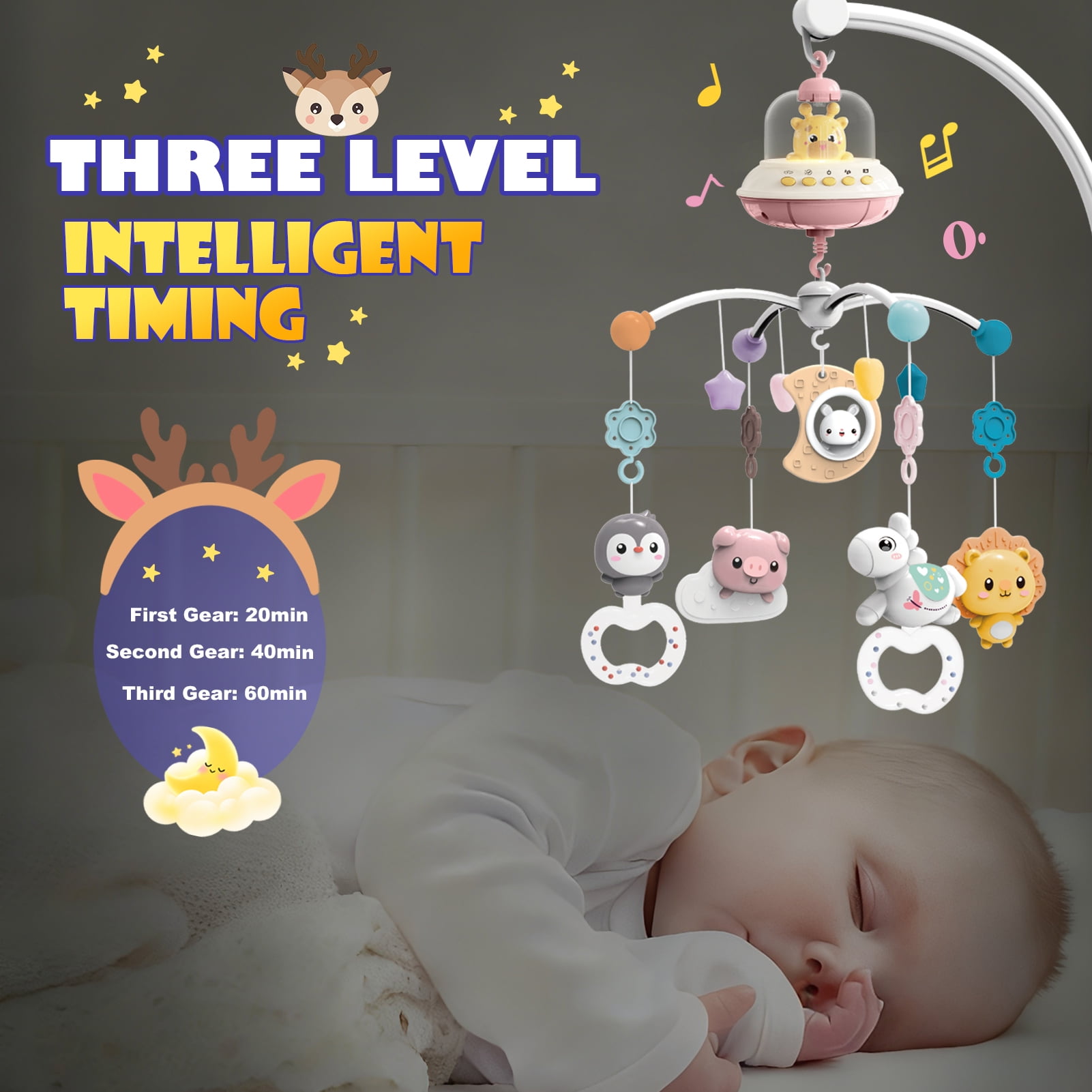 Sunforu Remote Control Crib Mobile with Music & Rotating Star Light Projector, Detachable Hanging Animal Toys for Newborn Baby Girls & Boys Nursery Decor