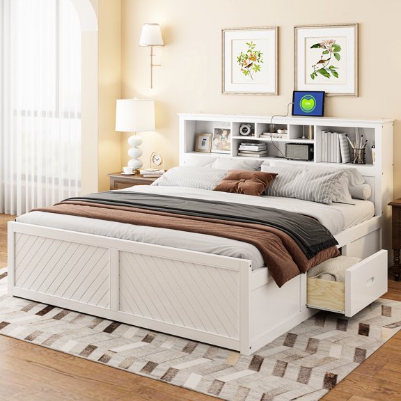 King Size Wood Bed With Multi, , And Drawers - Elegant White Design Platform Ample Storage Charging Classy