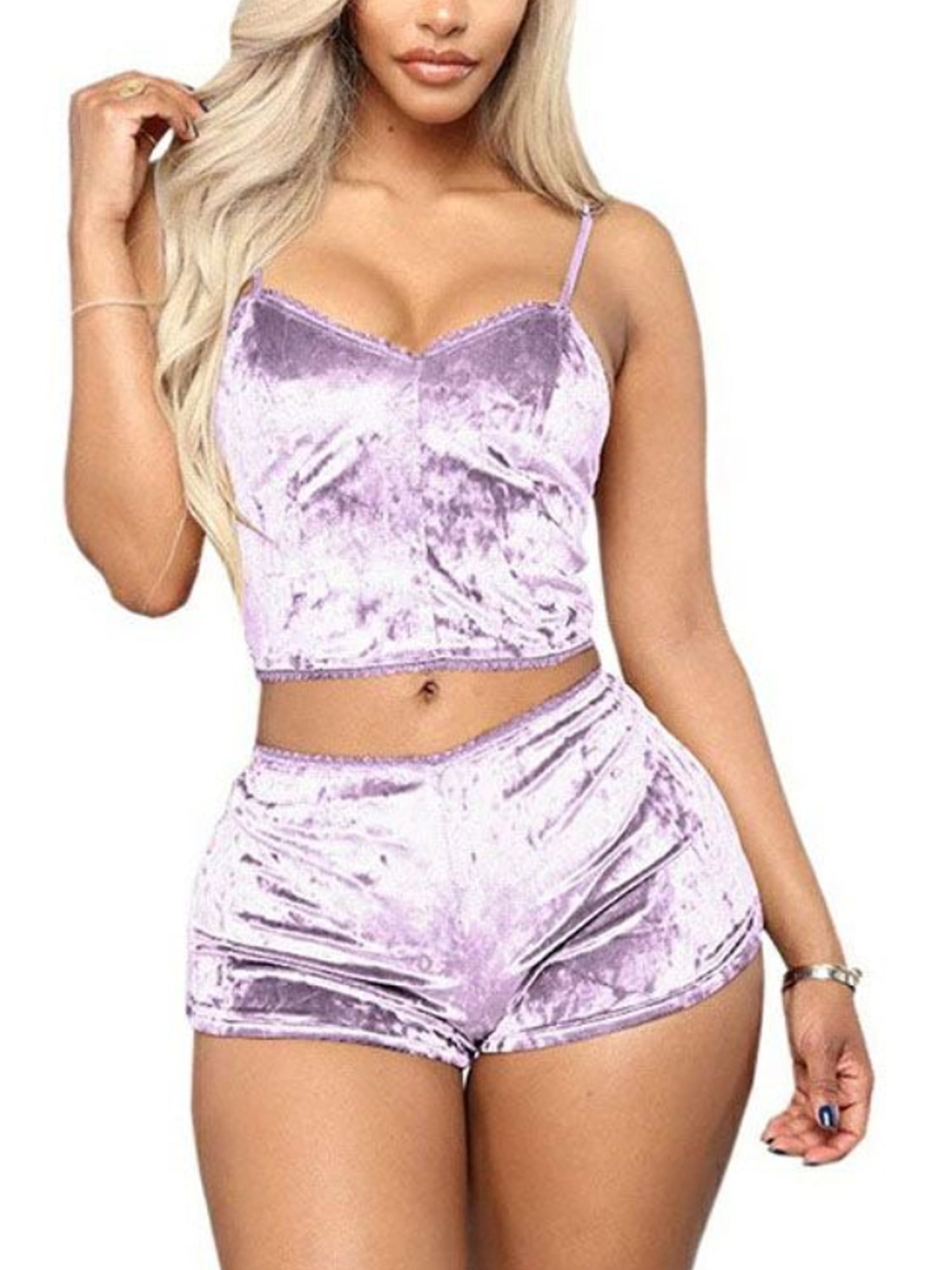 Shuttle tree Women's Velvet Lingerie Set 2 Piece Cami Bralette Shorts