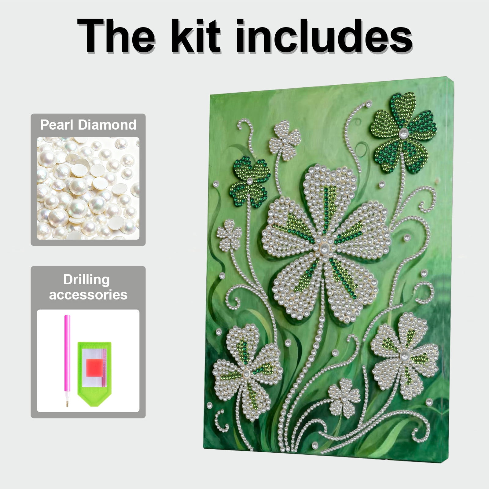 FLOPESN DIY Gemstone Pearl Diamond Art Painting Kit with Frame, 11.81x15.75in Colored Canvas, Home Decor Display for Tabletop and Wall -Four-Leaf Clover