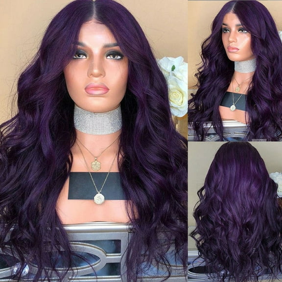 FSTDelivery Deep Wave Lace Front Wigs Human Hair, Fashion Women Long Purple Hair Full Wig Natural Curly Wavy Synthetic Hair Wigs, Human Hair Wigs for Black White and Elderly Women