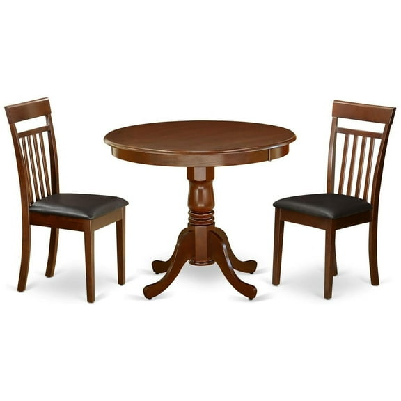 HomeStock 3 Piece Kitchen Table Set for Small Spaces Contains a Round Dining Room Table with Pedestal and 2 Faux Leather Upholstered Chairs, 36x36 Inch,Mahogany