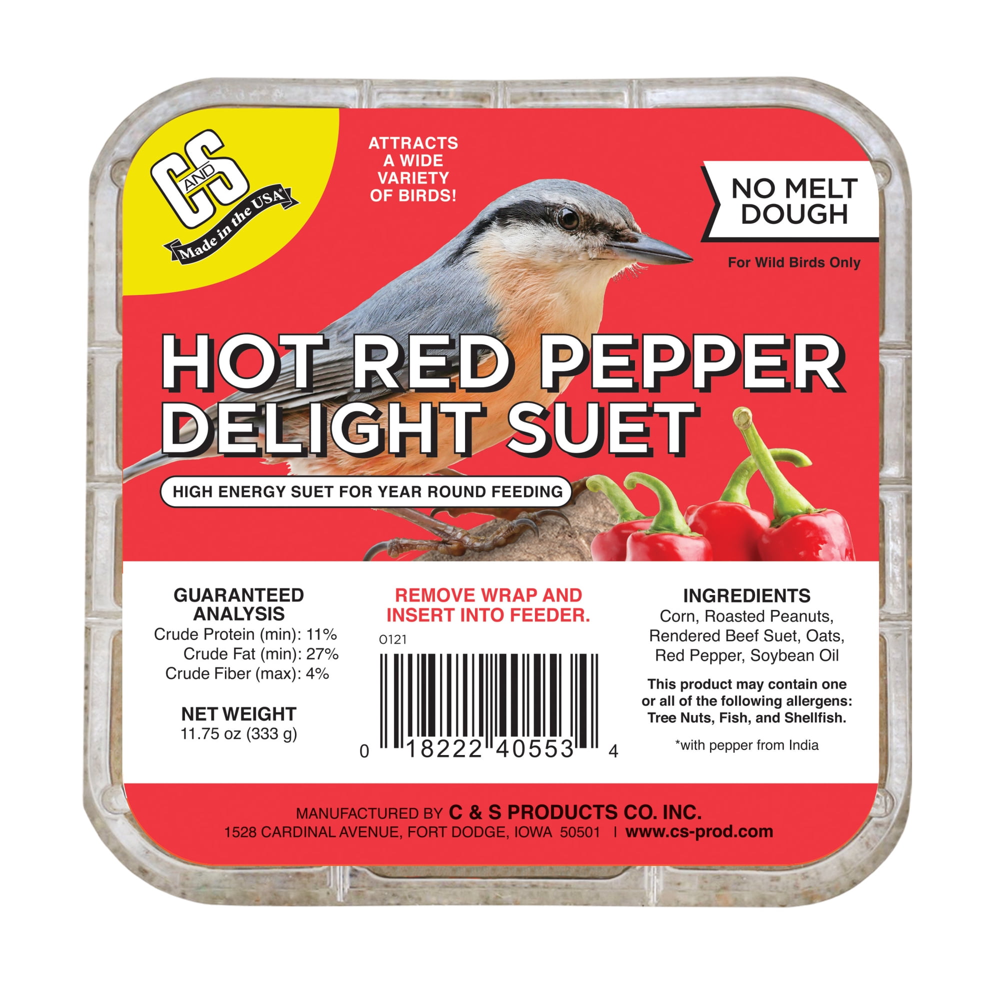 C&S Hot Pepper No Melt Suet Dough, 11.75 oz, Fresh Wild Bird Suet