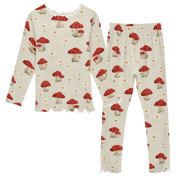 Girls Pajama Set with Long Sleeve Shirt and Pants Soft Thermal Sleepwear Cute Mushroom Pattern with Daisies 2T